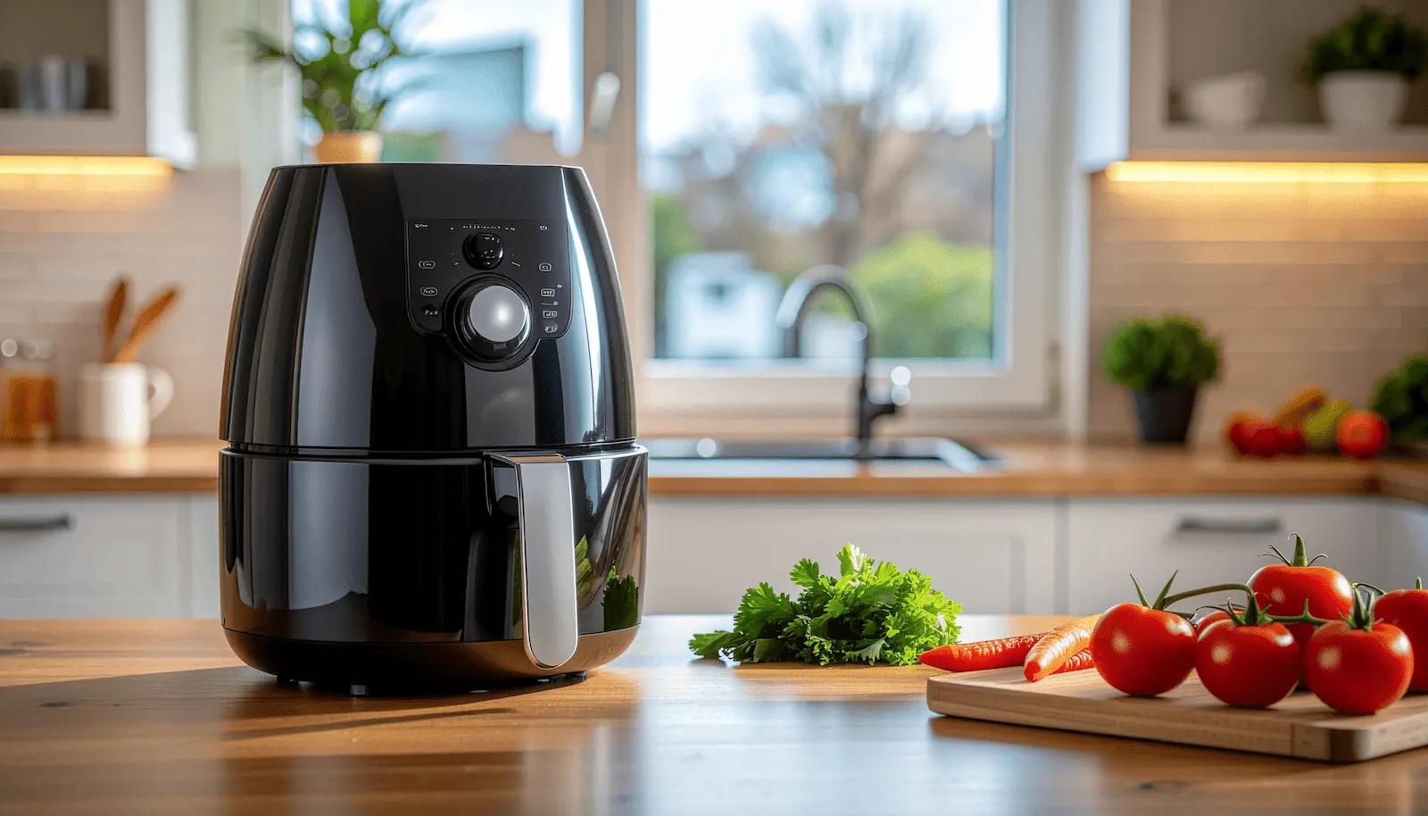 Airfryer auf einer Küchenarbeitsfläche in einer realistischen Alltagsküche“
