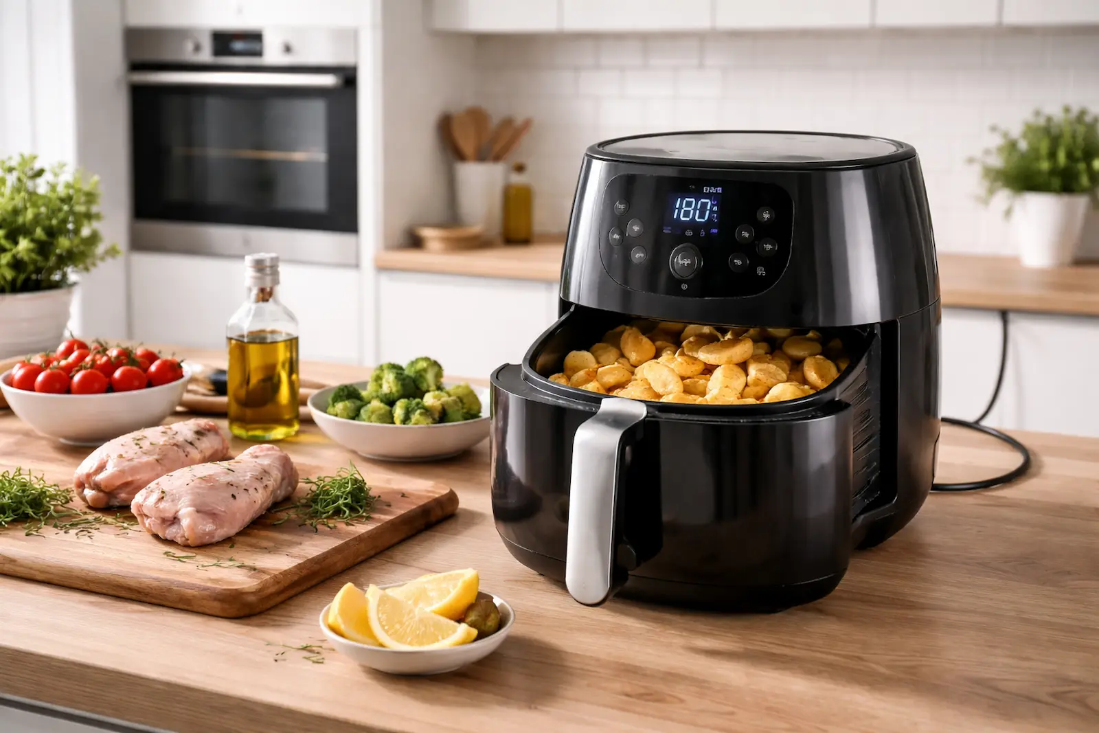 Airfryer in Alltagsküche mit leicht geöffnetem Korb und einfachen Lebensmitteln für den täglichen Gebrauch