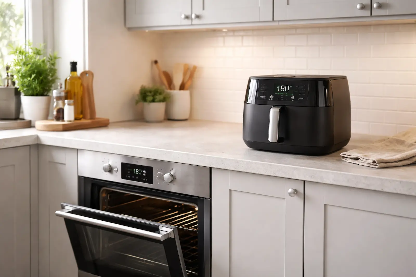 Airfryer auf der Arbeitsfläche und leicht geöffneter Backofen in einer modernen Alltagsküche