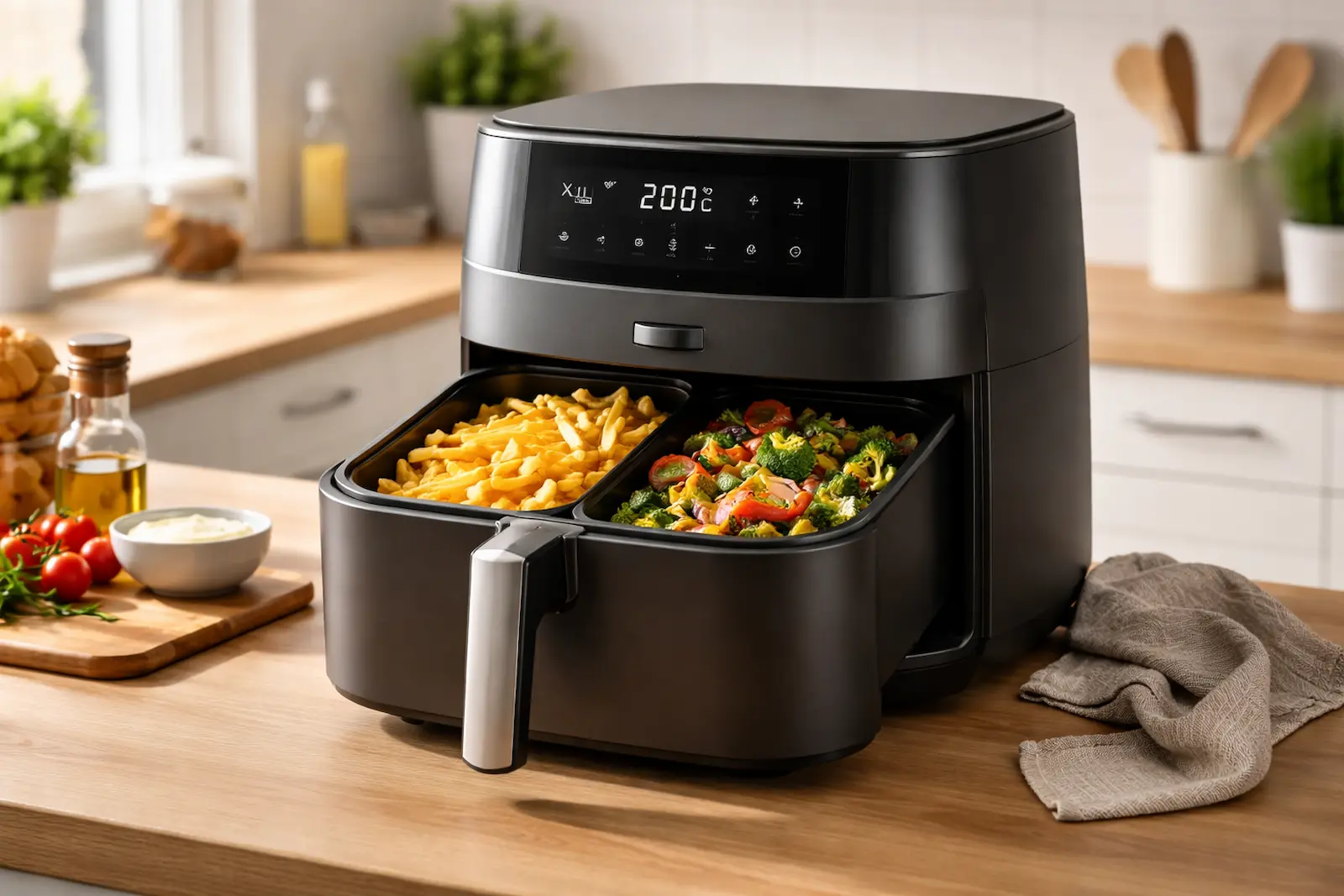 XXL-Airfryer in einer Familienküche mit Pommes und Gemüse im Korb