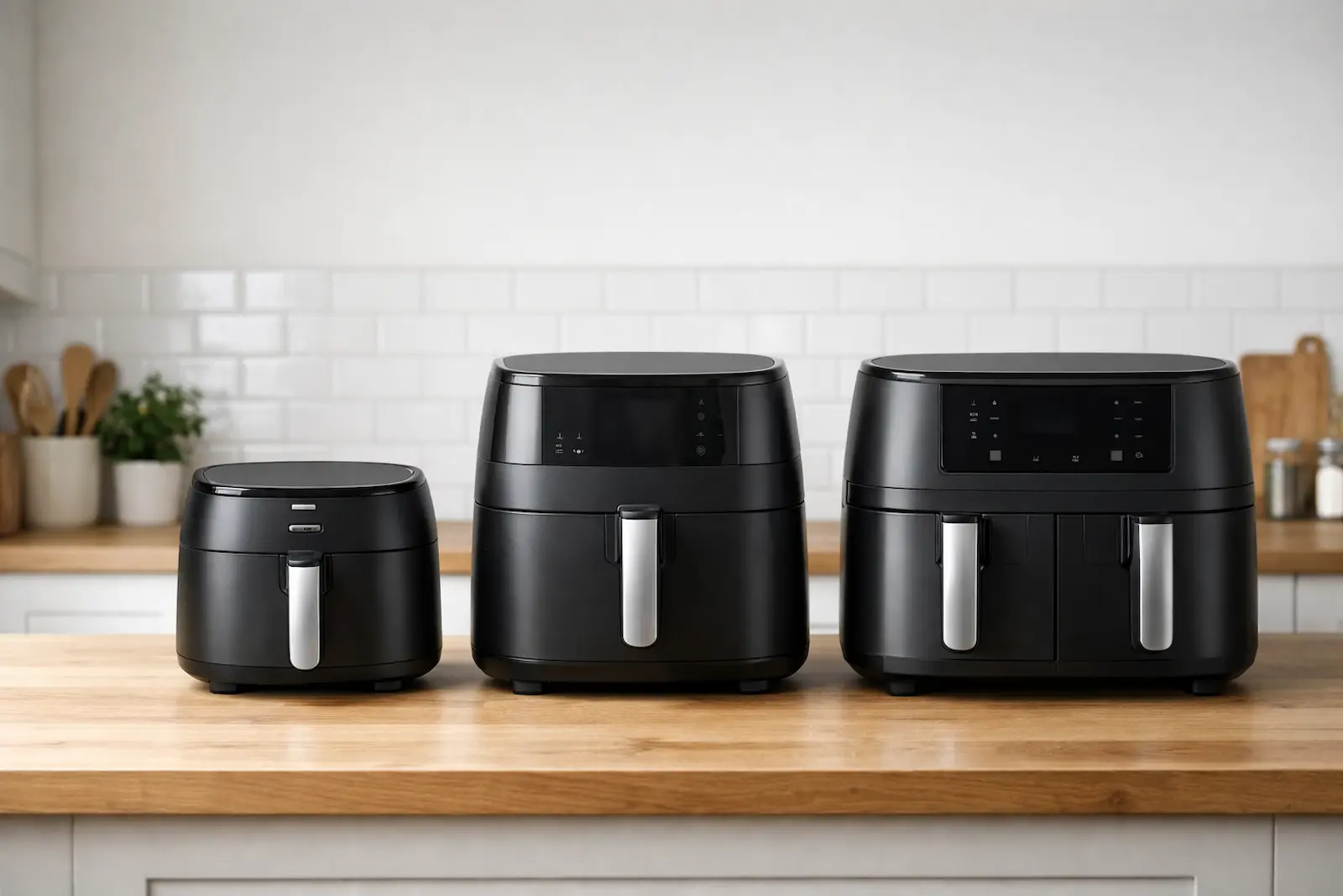 Drei unterschiedlich große Airfryer auf einer Küchenarbeitsfläche im Alltagsvergleich