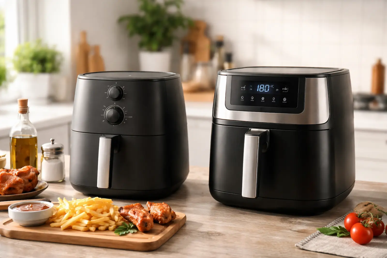Zwei Airfryer im Vergleich: günstiges und teureres Modell nebeneinander auf einer Küchenarbeitsfläche