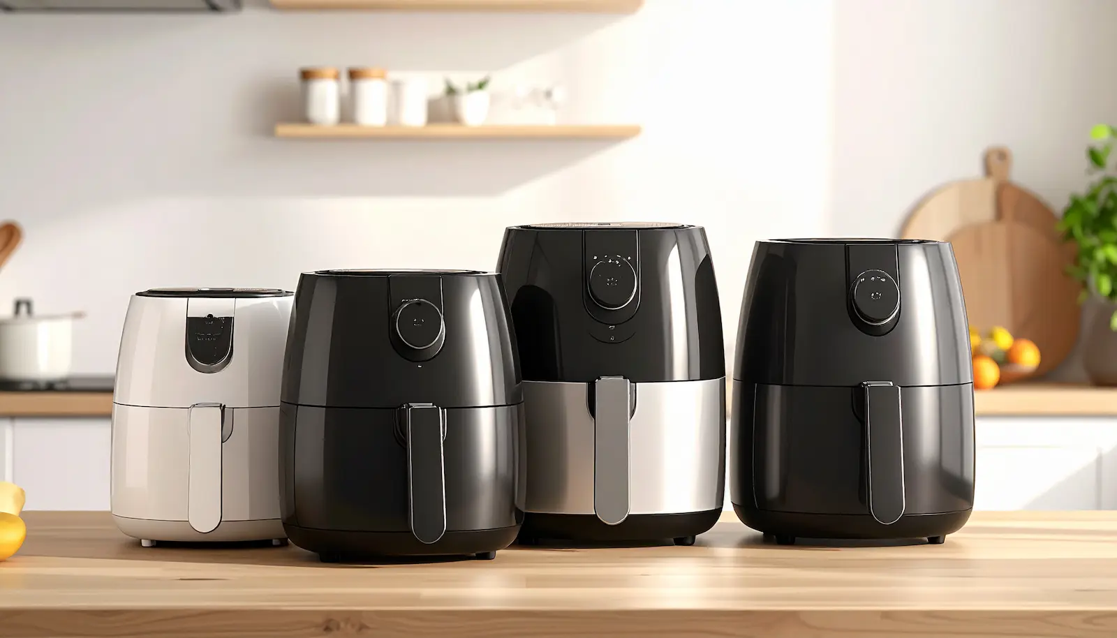 Verschiedene Airfryer-Modelle auf einer Küchenarbeitsplatte in ruhiger Umgebung