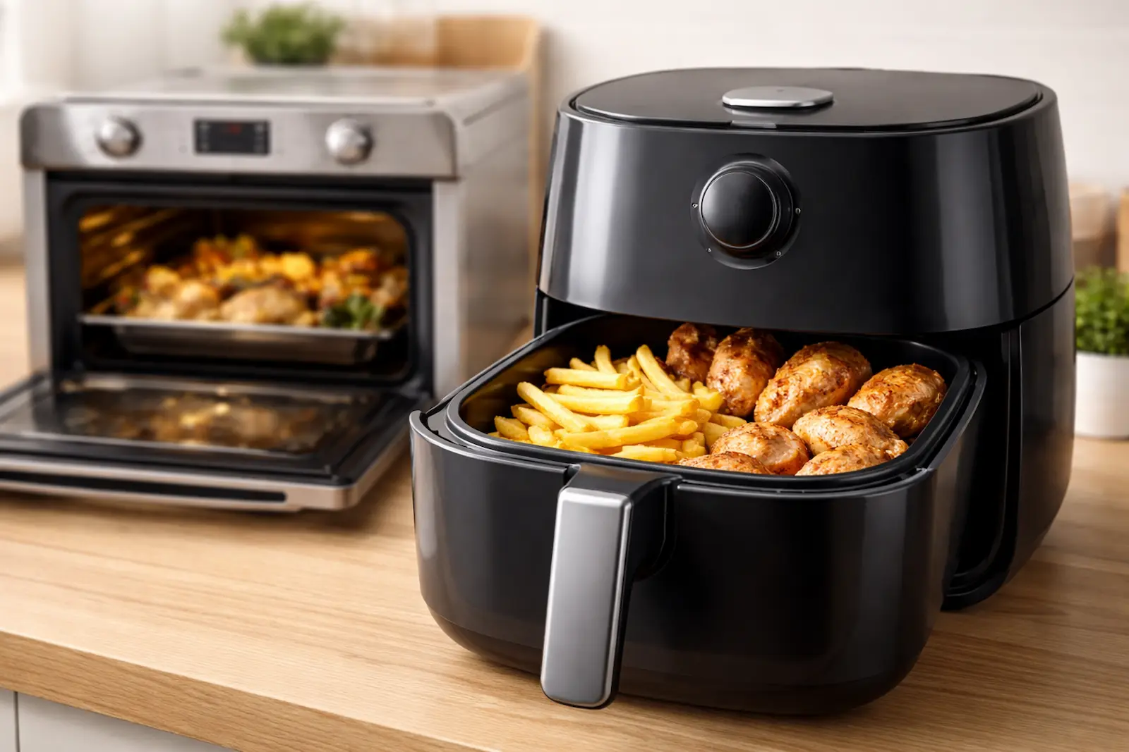 Airfryer mit Pommes und Hähnchenteilen im Korb auf der Küchenarbeitsfläche, Backofen mit Blech im Hintergrund