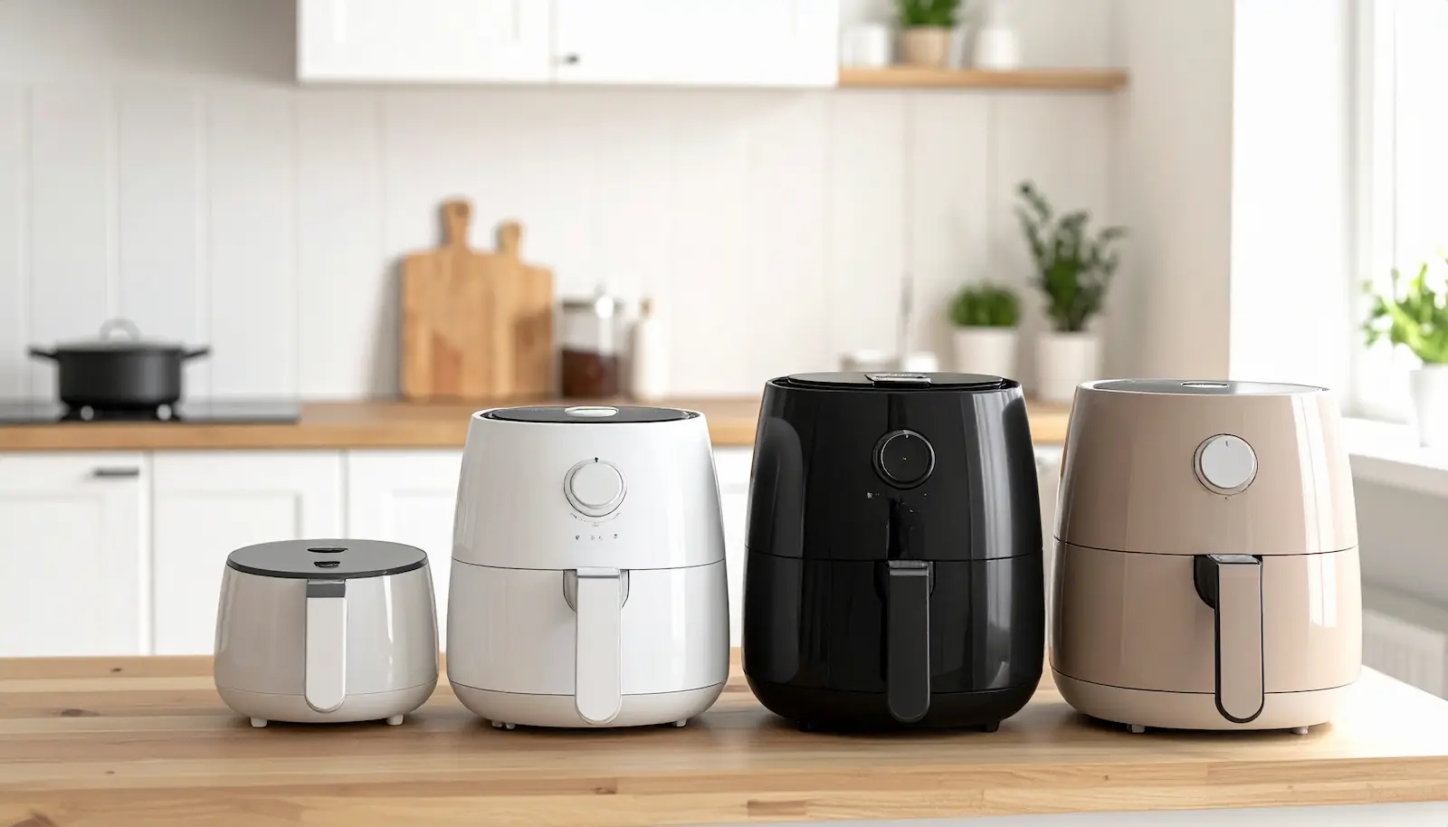 Unterschiedlich große Airfryer auf einer Küchenarbeitsplatte