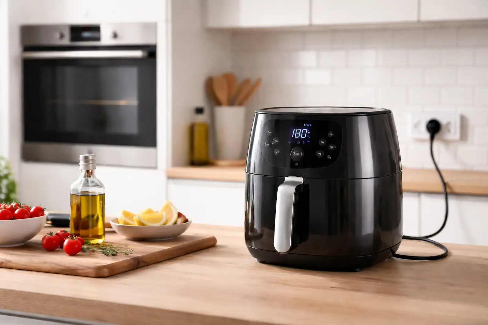 Airfryer auf Küchenarbeitsfläche mit Backofen im Hintergrund – Einordnung zum Stromverbrauch im Alltag