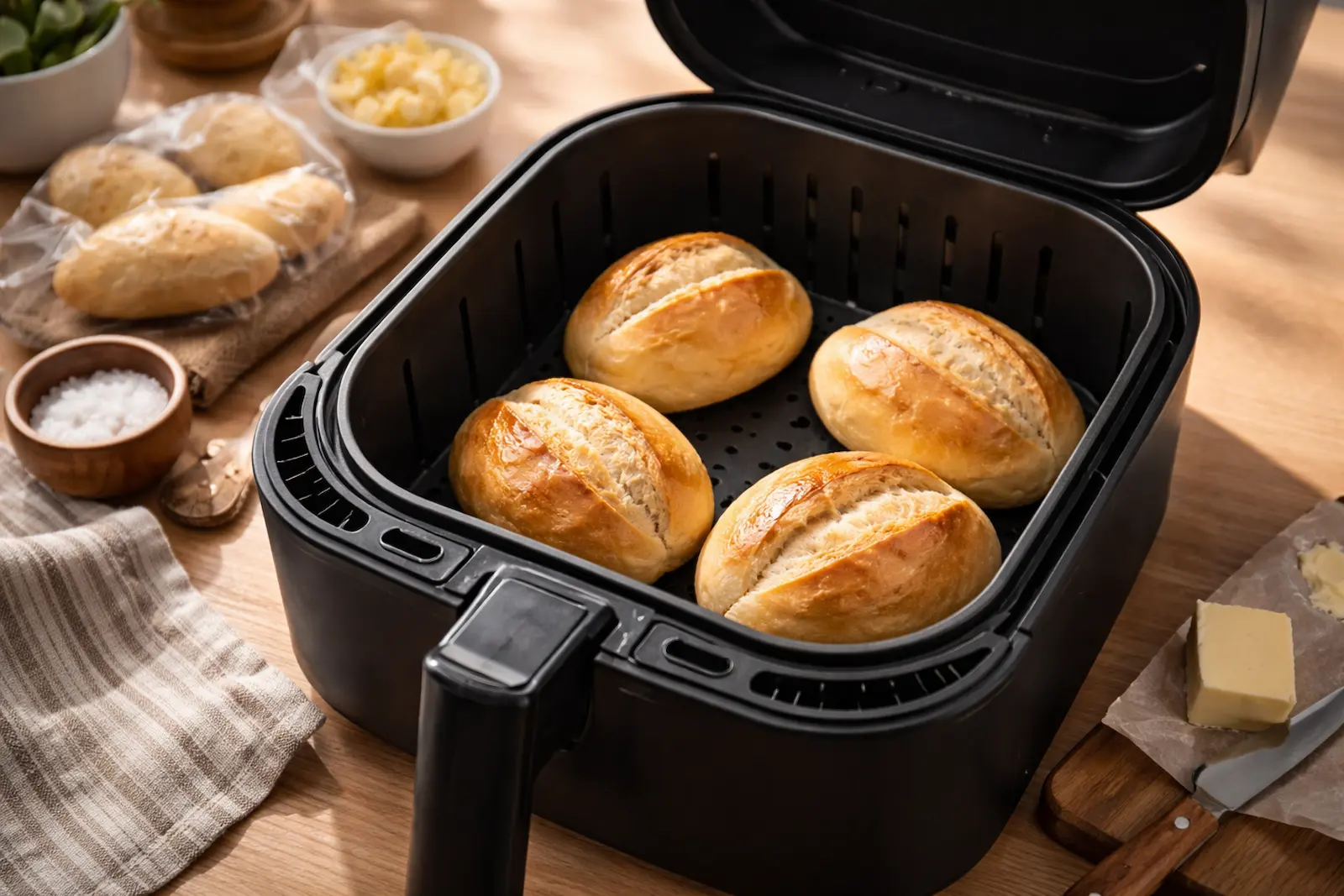 Frisch aufgebackene Brötchen im Airfryer-Korb, goldbraun und knusprig auf einem Holztisch.