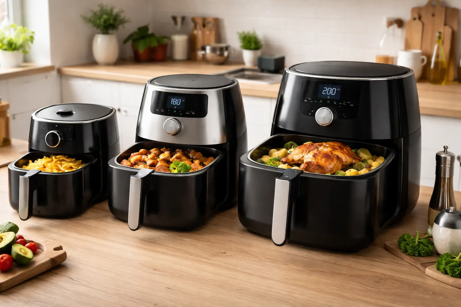 Drei unterschiedlich große Airfryer im Größenvergleich auf einer Küchenarbeitsfläche