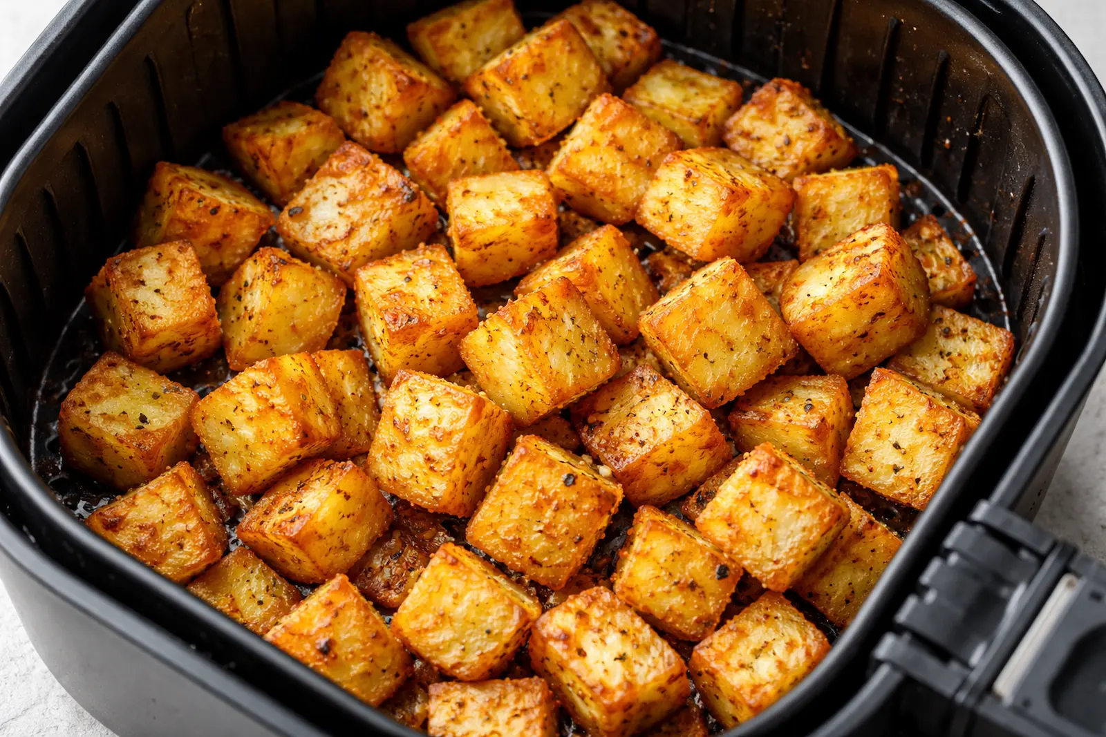 Knusprige Kartoffelwürfel im Airfryer bei 190 Grad goldbraun gebacken im Korb, Nahaufnahme mit sichtbarer Röstaroma-Struktur.