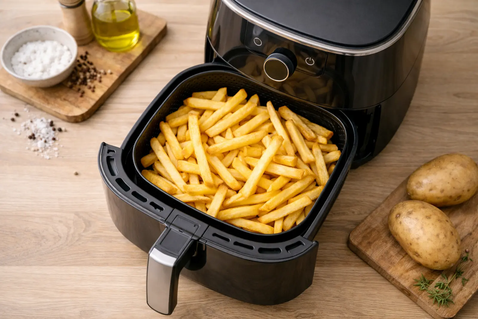 Airfryer von oben mit goldgelben Pommes im Korb, gleichmäßig gebräunt bei moderater Temperatur