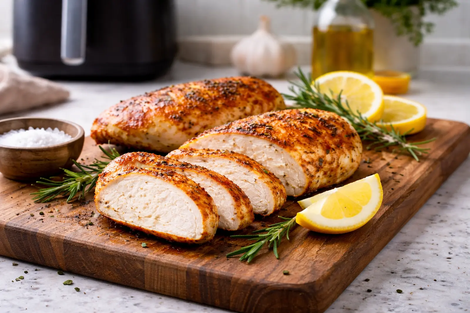 Hähnchenbrust im Airfryer richtig gegart mit goldbrauner Kruste, aufgeschnitten auf Holzbrett mit Rosmarin und Zitrone