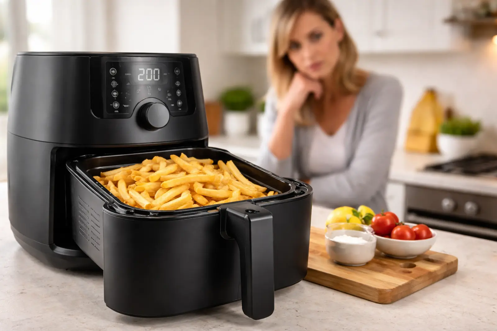 Überfüllter Airfryer mit Pommes in moderner Küche – typische Anfängerfehler wie zu hohe Temperatur und ungleichmäßiges Garen