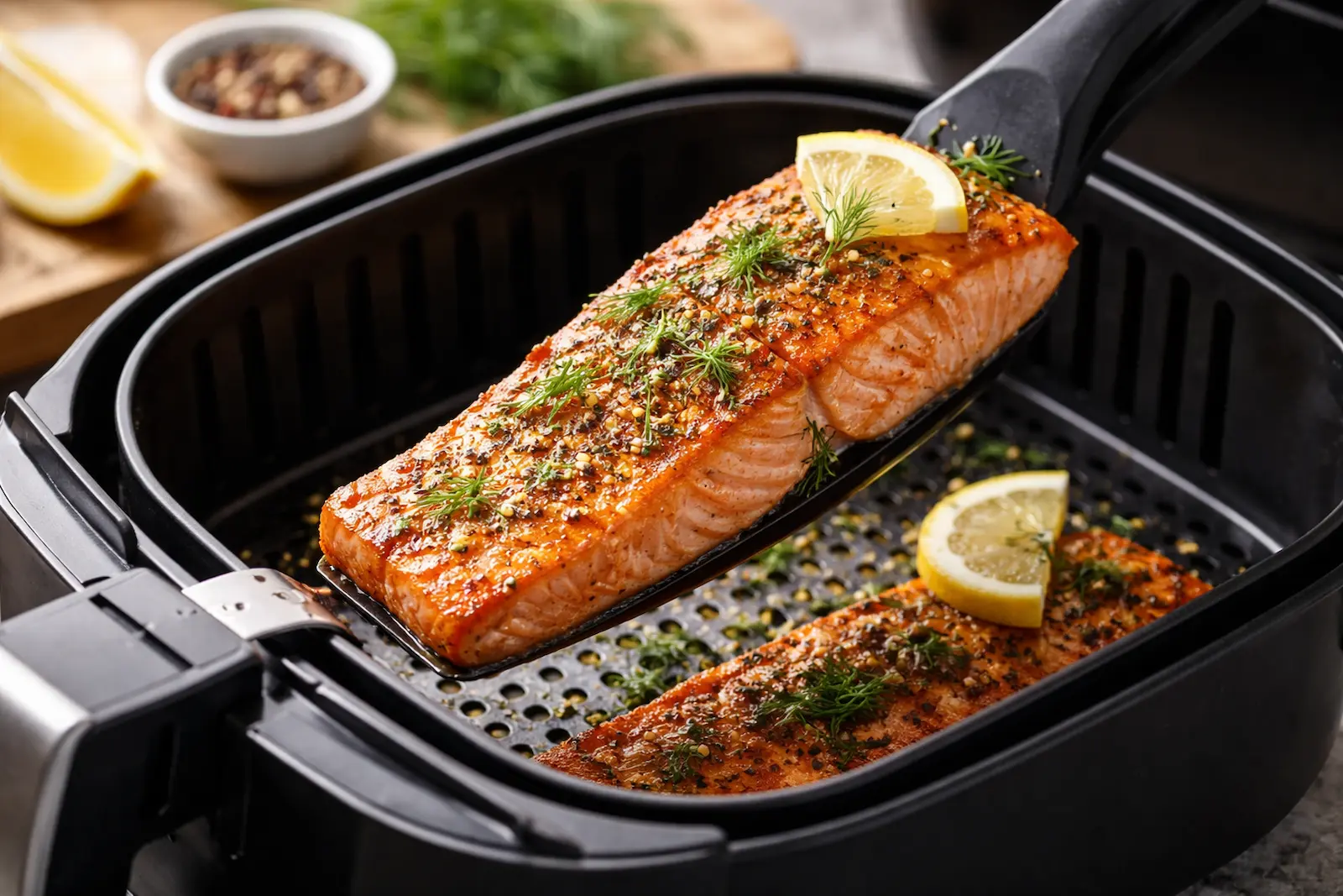 Lachsfilet im Airfryer bei 180 Grad gegart, saftig mit leichter Bräunung und Zitrone im Korb