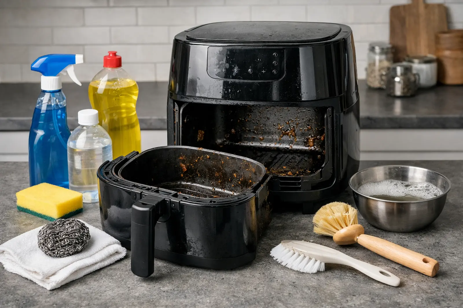 Airfryer reinigen im Alltag: Verschmutzter Korb und Innenraum mit Spülmittel und Bürste auf Küchenarbeitsfläche