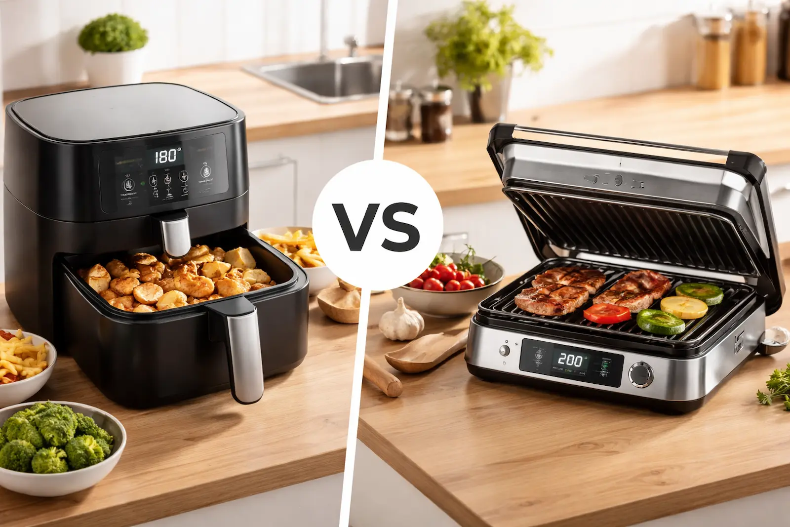 Airfryer und Kontaktgrill im Vergleich auf einer Küchenarbeitsplatte mit zubereiteten Speisen