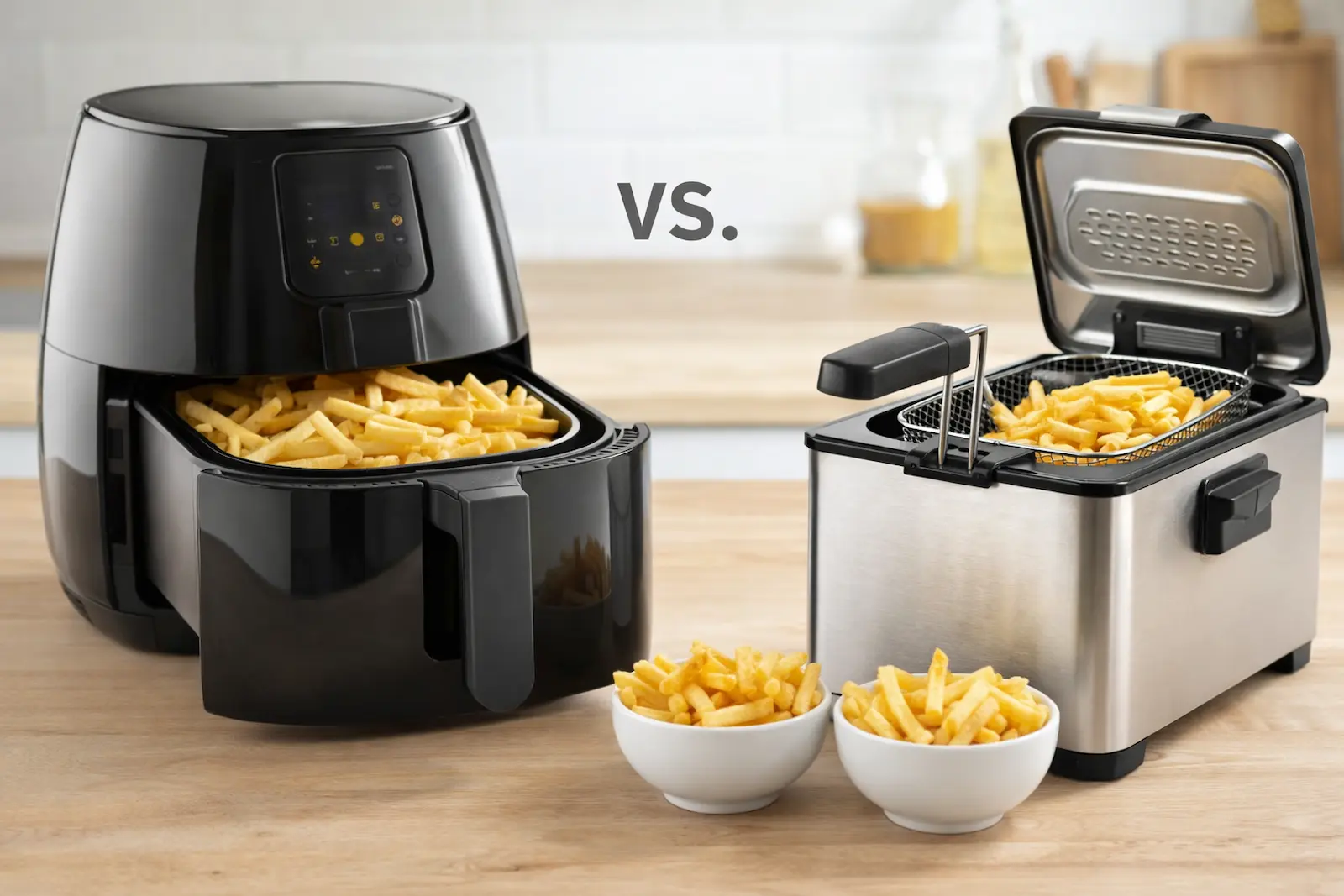 Airfryer und klassische Fritteuse auf einer hellen Küchenarbeitsplatte im direkten Vergleich mit zwei Schalen Pommes dazwischen