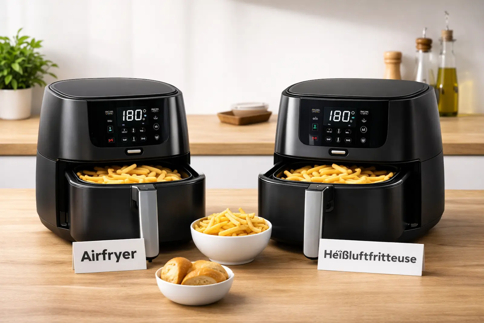 Zwei nahezu identische Geräte als Airfryer und Heißluftfritteuse beschriftet auf einer hellen Küchenarbeitsplatte mit Schalen aus Pommes und Brötchen