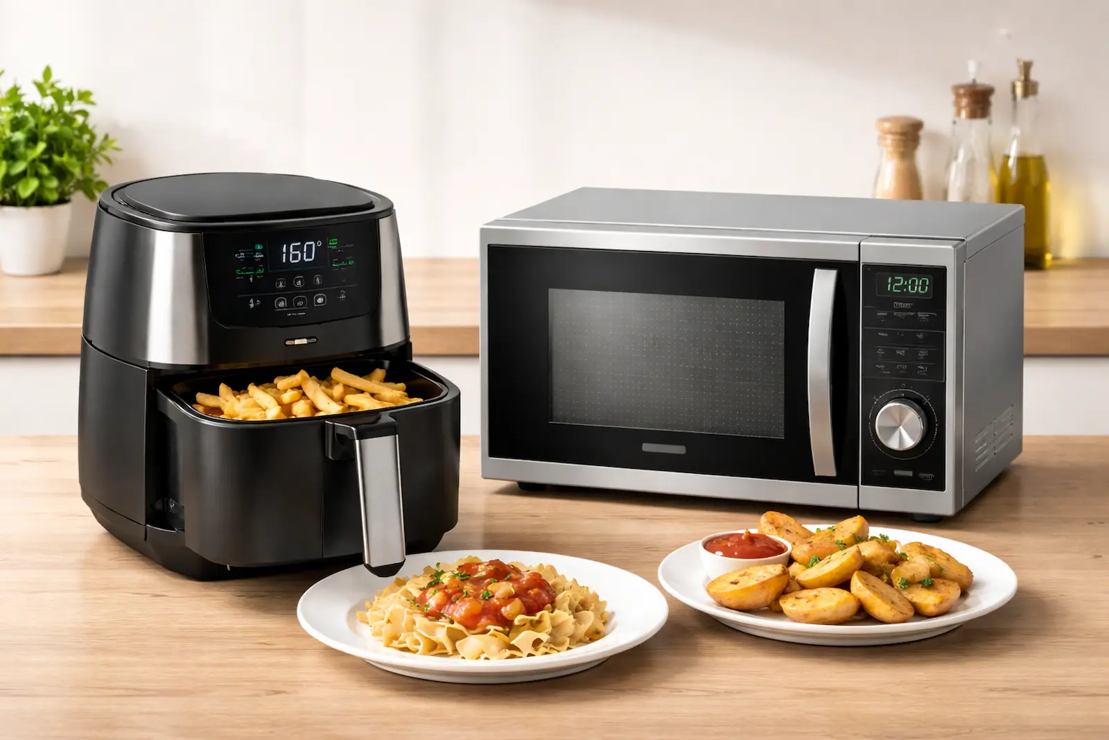 Airfryer und Mikrowelle auf einer hellen Küchenarbeitsplatte im direkten Vergleich mit aufgewärmter Pasta und knusprigen Kartoffeln auf Tellern