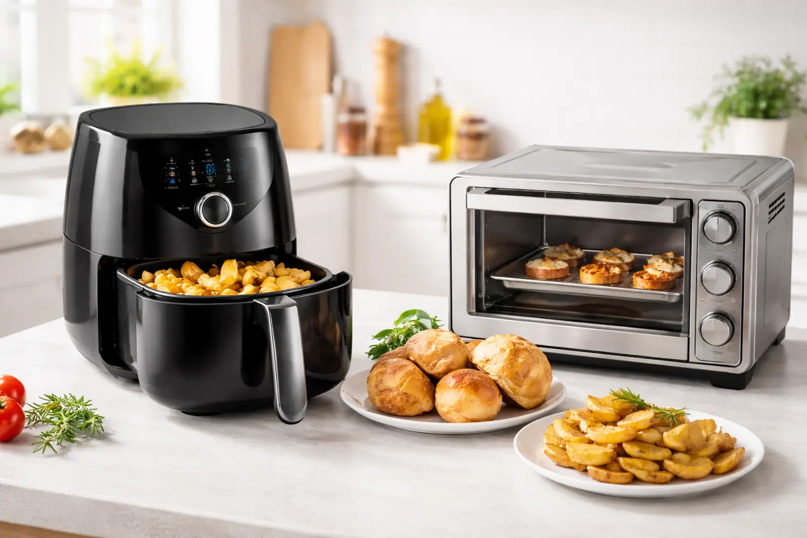 Airfryer und Mini-Backofen auf einer hellen Küchenarbeitsplatte im direkten Vergleich mit Brötchen und Kartoffelspalten