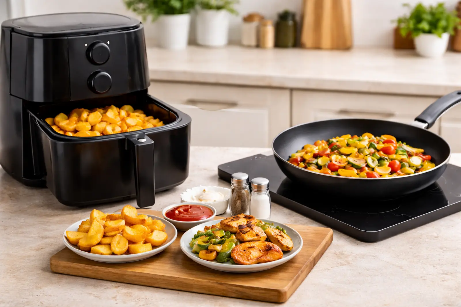 Airfryer mit knusprigen Kartoffelstücken und Pfanne mit gebratenem Gemüse in einer hellen Küche im direkten Vergleich
