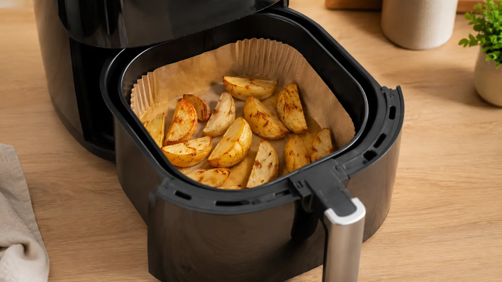 Goldbraune Kartoffelspalten auf Backpapier in einem offenen Airfryer-Korb.