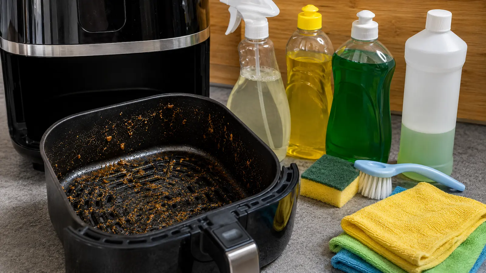 Verschmutzter Airfryer-Korb mit Reinigungsmitteln, Schwamm und Bürste auf einer Küchenarbeitsplatte