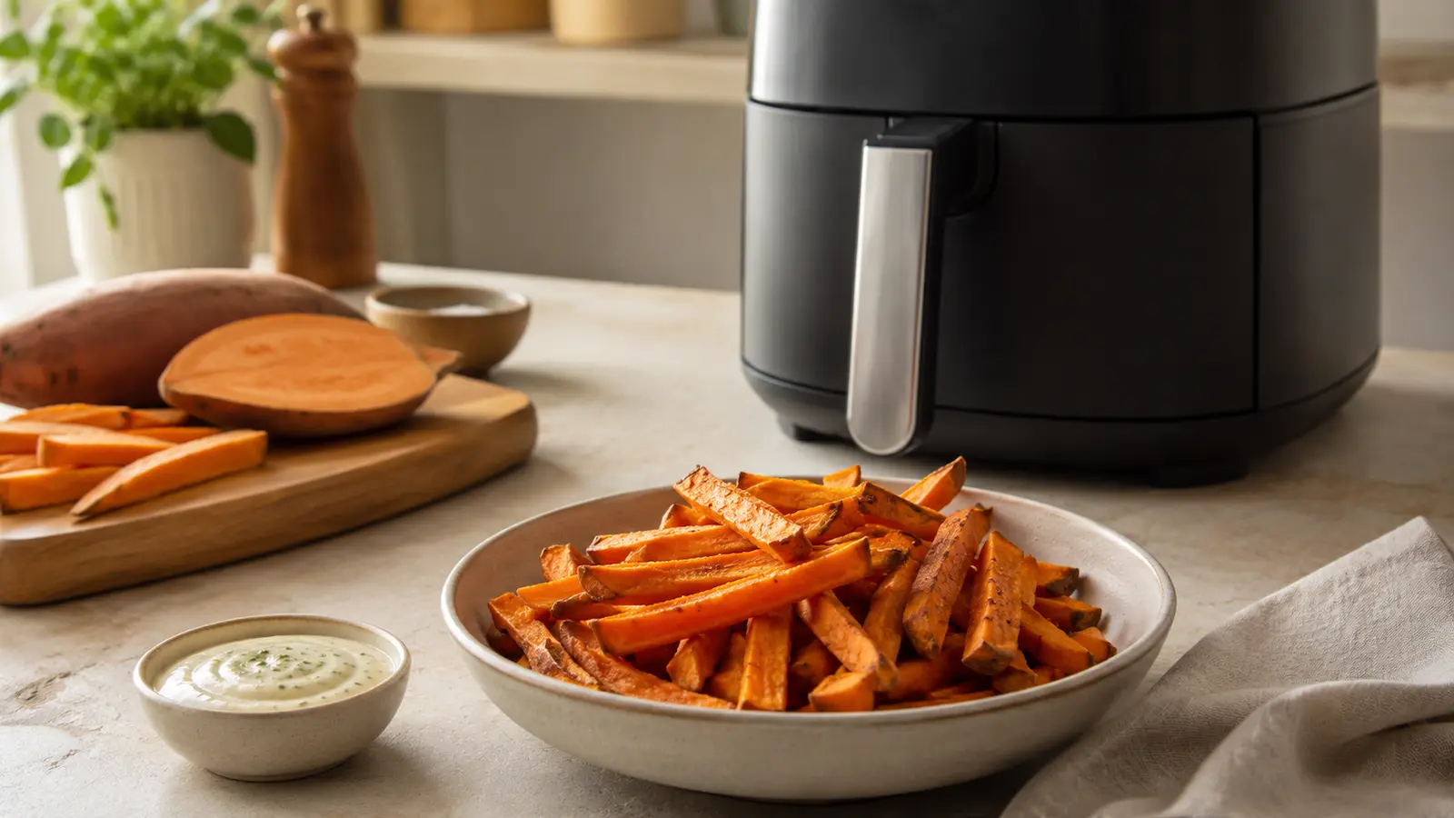 Knusprige Süßkartoffelstücke aus dem Airfryer in einer Schale