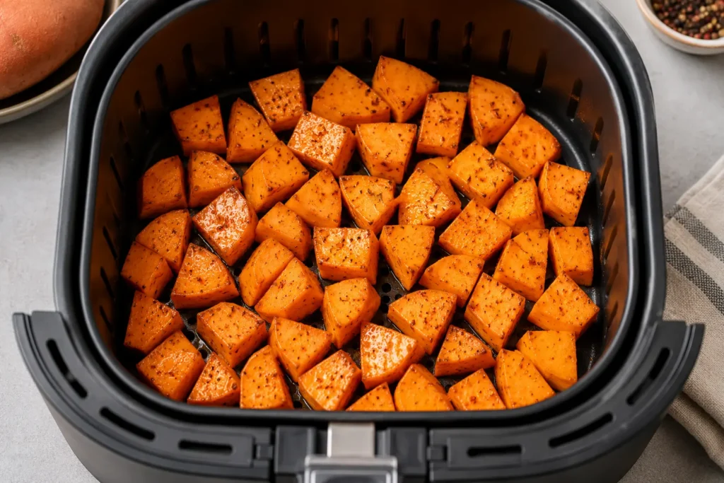 Rohe Süßkartoffelstücke mit Öl und Gewürzen im Airfryer-Korb