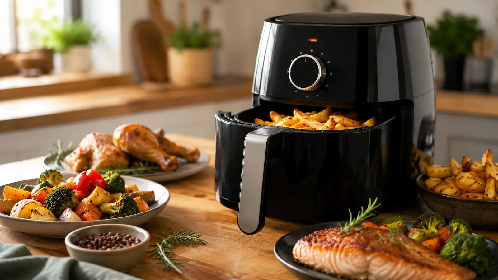 Airfryer mit Pommes, Gemüse, Hähnchen und Lachs als Beispiel für passende Temperaturen im Alltag