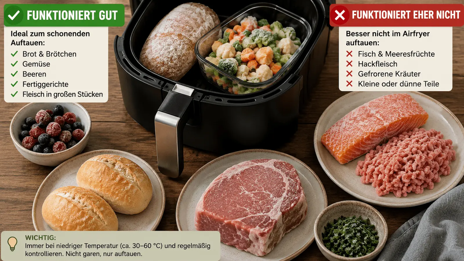 Gefrorene Lebensmittel im Airfryer als Beispiel dafür, was sich zum Auftauen eignet und was nicht