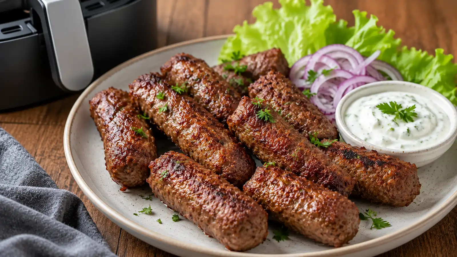 Gefrorene Cevapcici nach der Zubereitung im Airfryer, außen gebräunt und servierfertig
