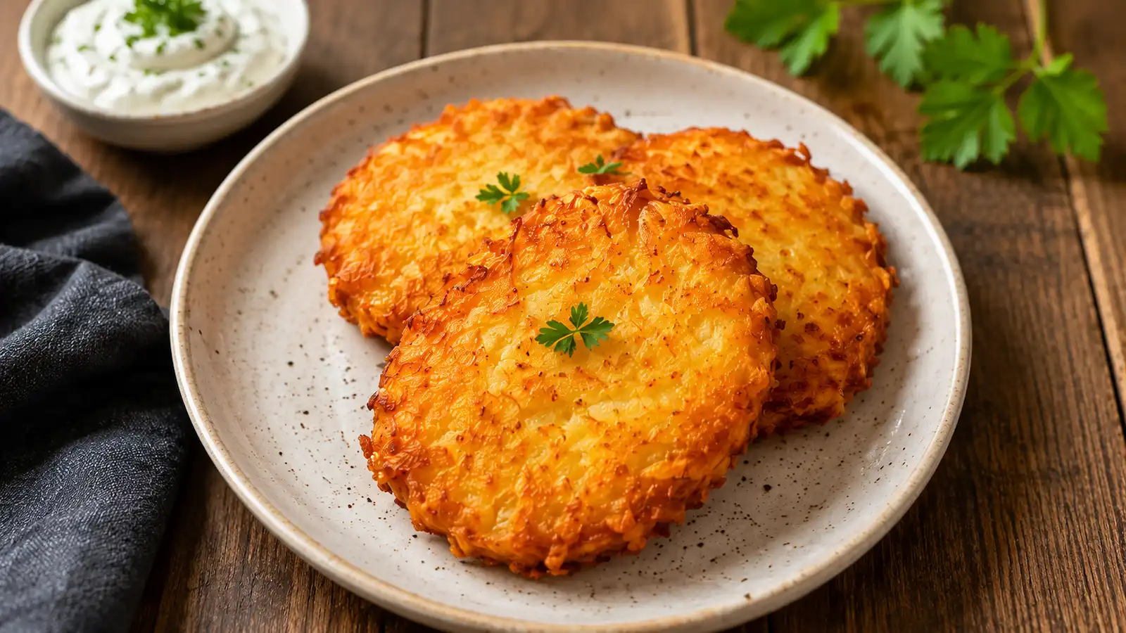 Knusprige TK-Kartoffelpuffer auf einem Teller nach der Zubereitung im Airfryer