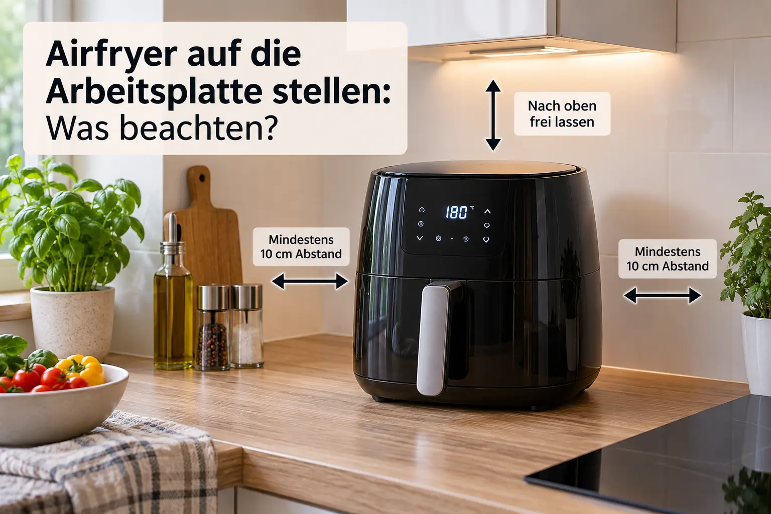 Airfryer auf der Küchenarbeitsplatte mit Abstand zur Wand