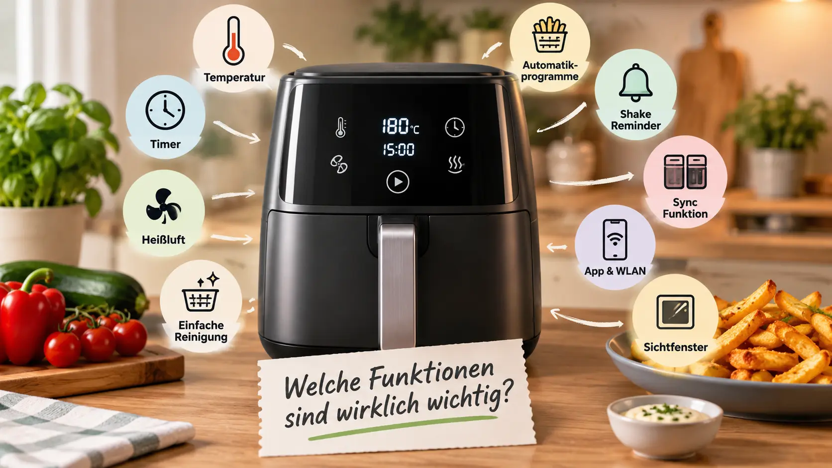 Airfryer mit wichtigen Funktionen wie Temperatur, Timer, Shake Reminder, Sync und Sichtfenster