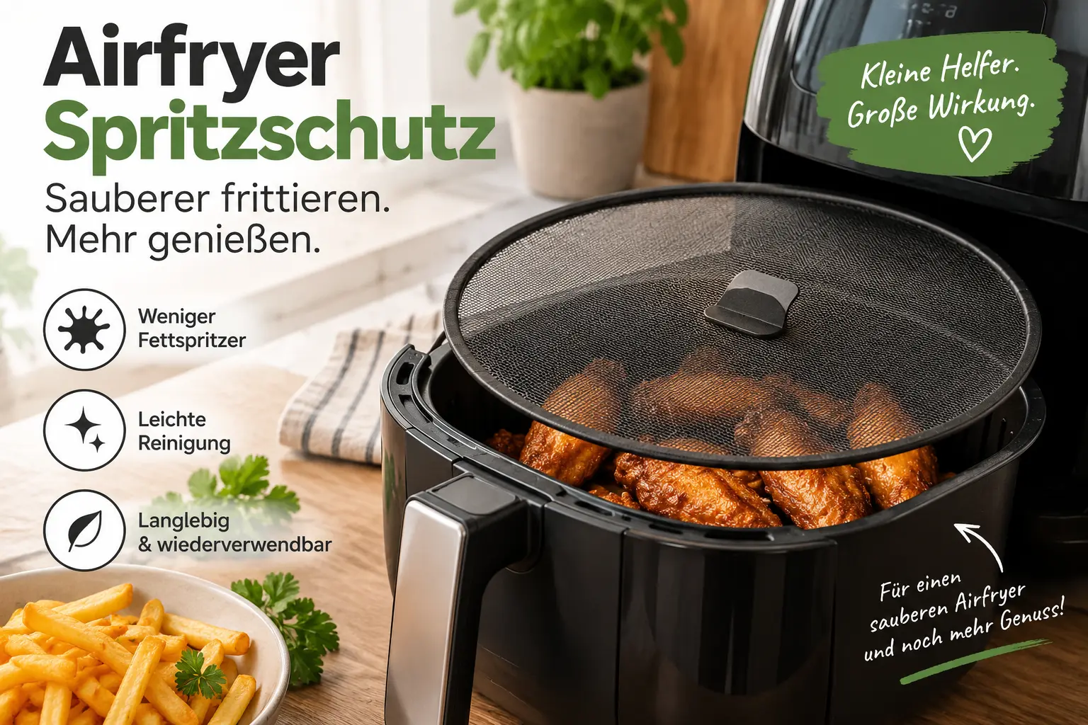 Airfryer mit Spritzschutz über dem Korb