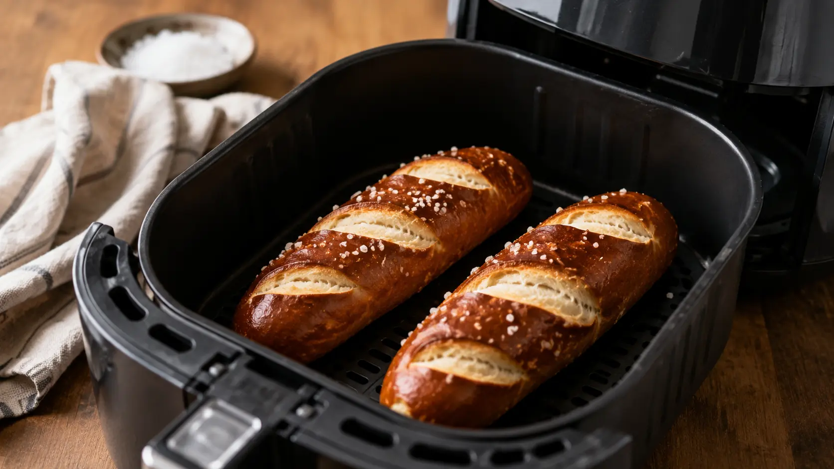 Gefrorene Laugenstangen im Airfryer goldbraun und knusprig aufgebacken