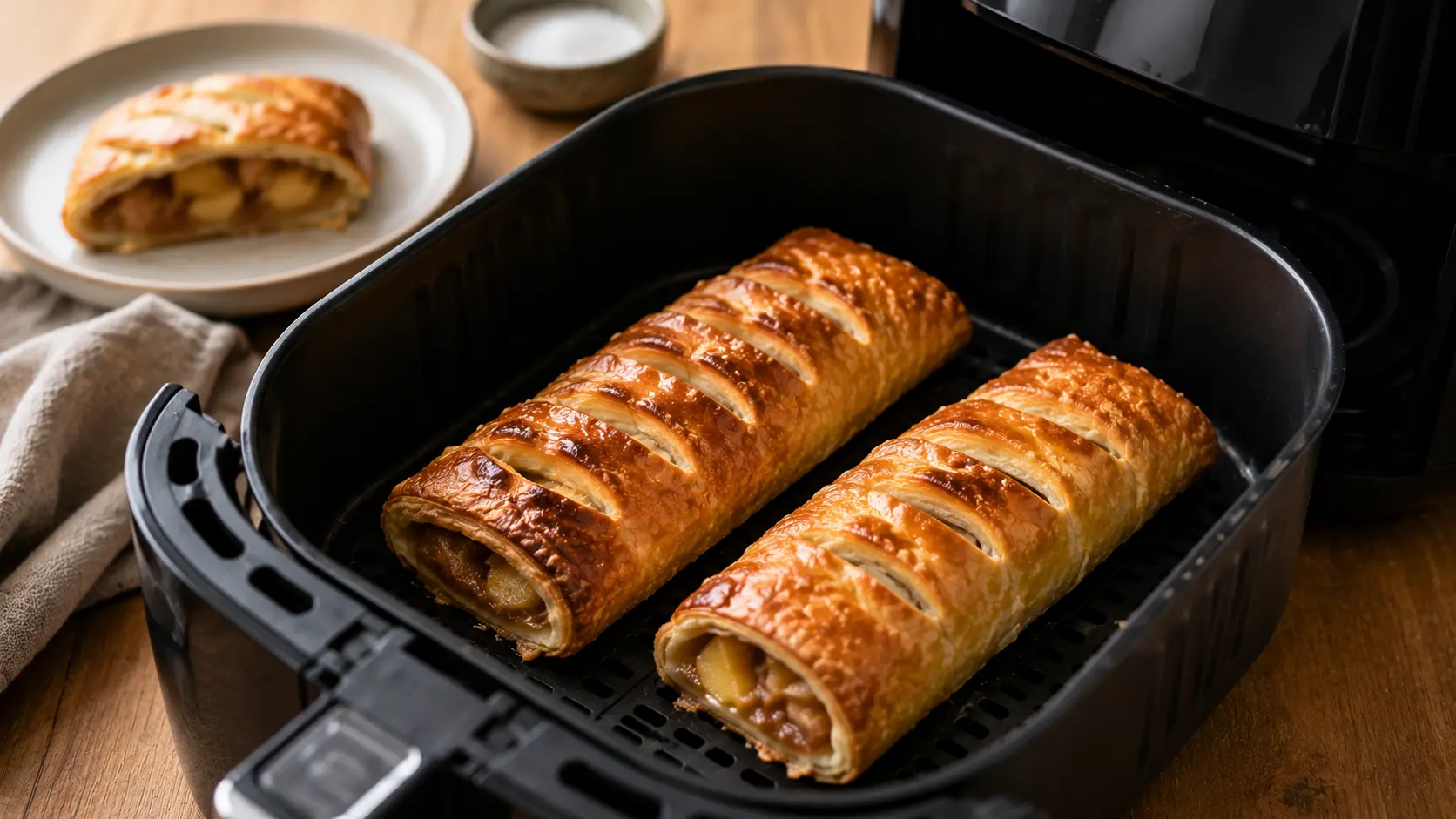 Gefrorener Apfelstrudel im Airfryer goldbraun und knusprig gebacken