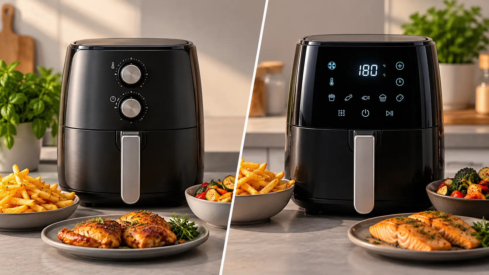 Zwei Airfryer im Vergleich: links eine Heißluftfritteuse mit Drehreglern, rechts ein Modell mit digitalem Display.